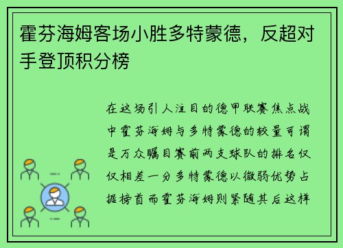 霍芬海姆客场小胜多特蒙德，反超对手登顶积分榜